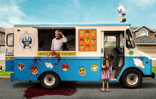Horror scene featuring a blood-splattered ice cream truck and characters.