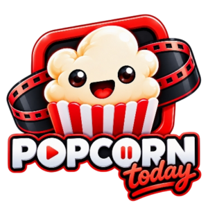 Cartoon popcorn character logo for Popcorn Today entertainment.