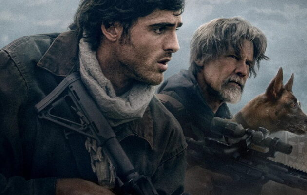 Two armed men and a dog in a gloomy landscape.
