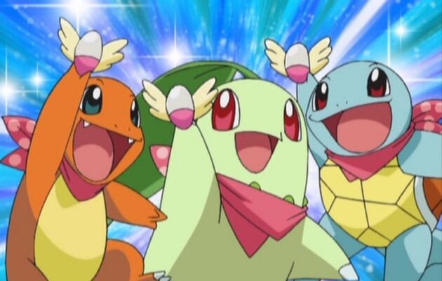 Charmander, Chikorita, and Squirtle cheering with a blue background.