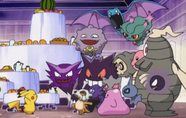 Pikachu meets a group of Ghost-type Pokémon at a party.