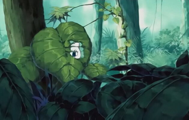 Anime character peeking through large leaves in a dense forest.
